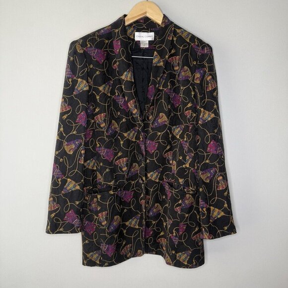 Black Jackets & Blazers - Casual Corner Vintage 100% Silk women’s 80’s Tassel blazer Black Gold Purple 12